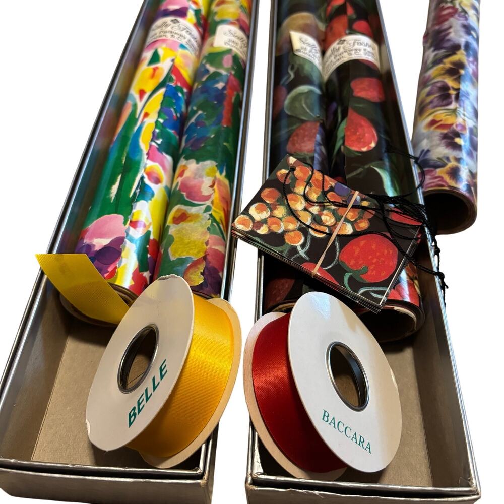 Sally Foster PAIR Vtg Wrapping Paper Box Set Paper Tissue Ribbon Tags NOS +extra